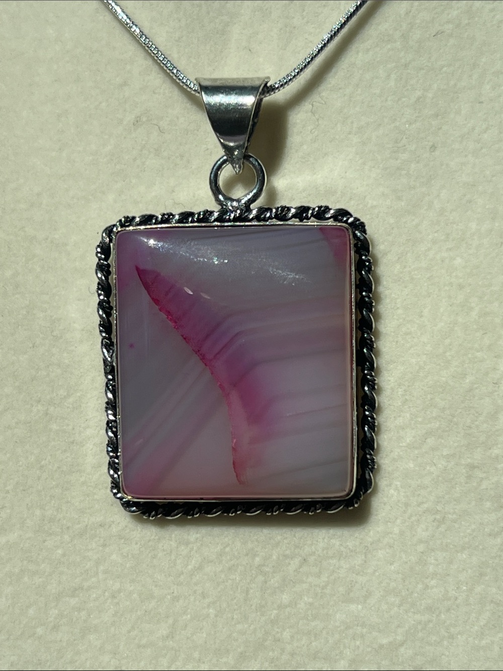 Sterling Silver Pink Agate Square Pendant Necklace
